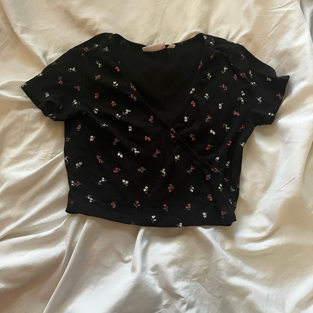 SO Black Floral Wrap Blouse